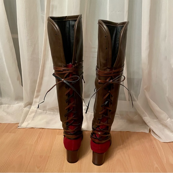 Brown & Red Knee High Lace Up Boots Size 7 - Picture 3 of 7